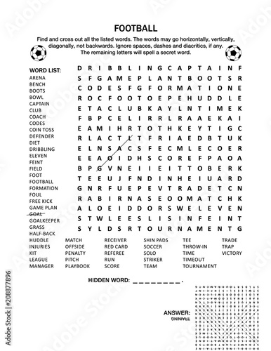 Football (soccer) themed word search puzzle. Suitable both for kids and adults. Answer included.
