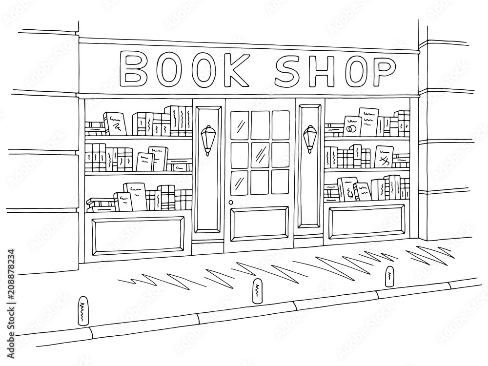 Book shop store exterior graphic black white sketch illustration vector Stock Vector Adobe Stock