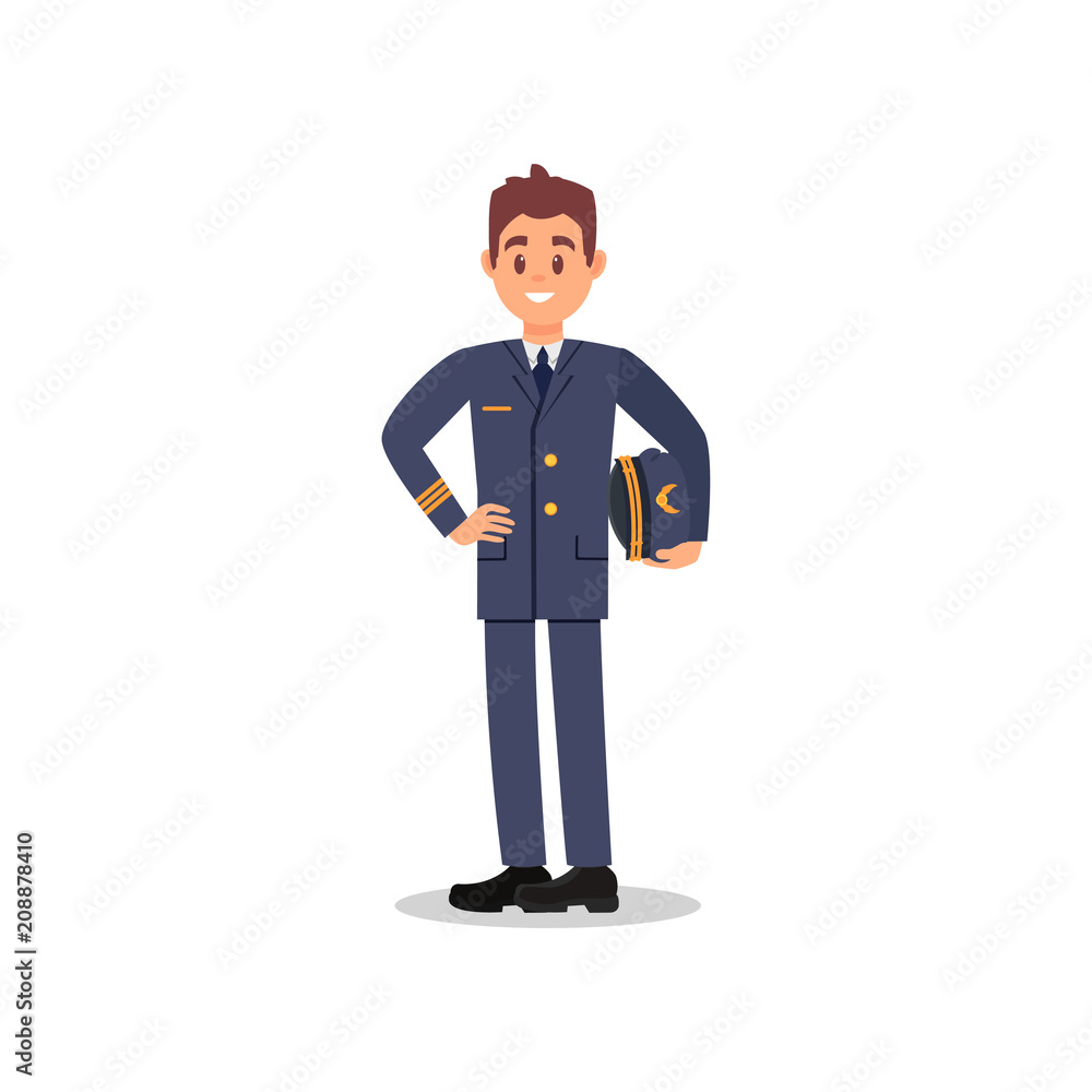 Handsome captain of airplane holding hat in hand. Young pilot with happy face. Worker of civil aviation. Flat vector design