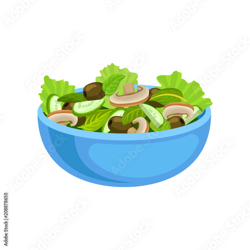 Blue ceramic bowl of tasty salad with fresh ingredients. Vegetarian nutrition. Flat vector element for recipe book or cafe menu