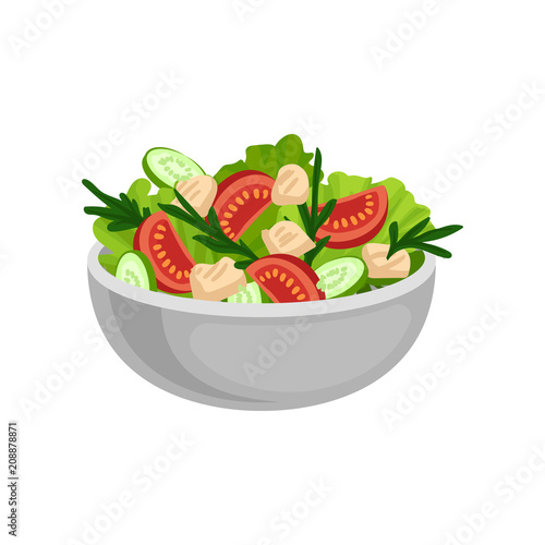 Appetizing salad in big ceramic bowl. Tasty and healthy eating. Delicious meal for dinner. Flat vector design