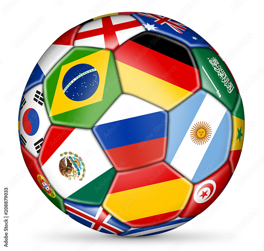 Fototapeta premium soccer ball with colorful national flags isolated on white background
