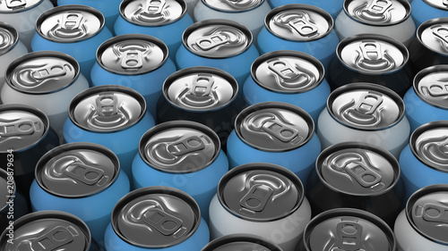 Big black, white and blue soda cans on white background