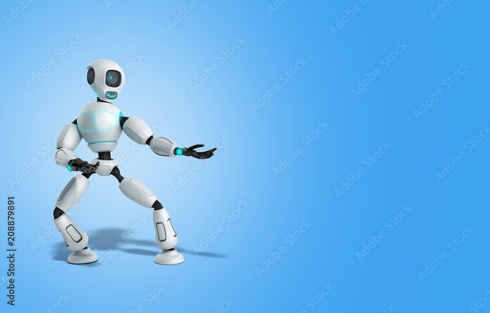 modern concept of product presentation robot points to a thing standing nearby 3d render on blue modern concept of product presentation robot points to a thing standing nearby 3d render on blue