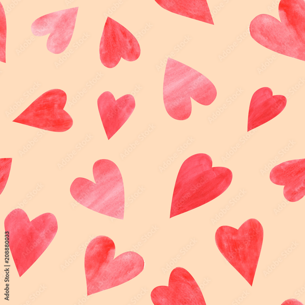 Seamless pattern of hand drawn red hearts on pink background. Seamless pattern of hand drawn red hearts on pink background.