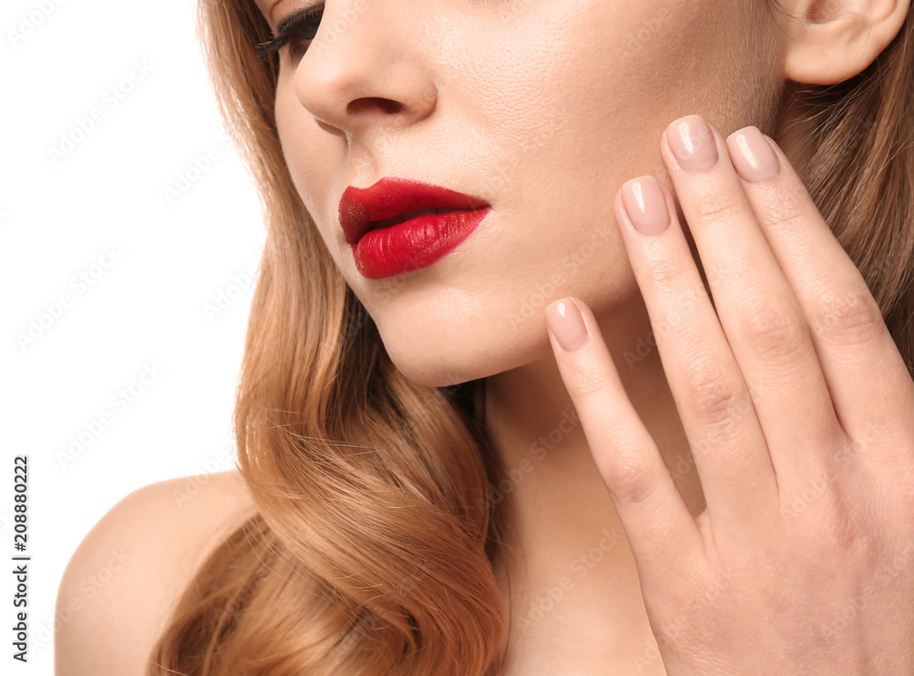Young woman with beautiful makeup on white background, closeup. Professional cosmetics Young woman with beautiful makeup on white background, closeup. Professional cosmetics