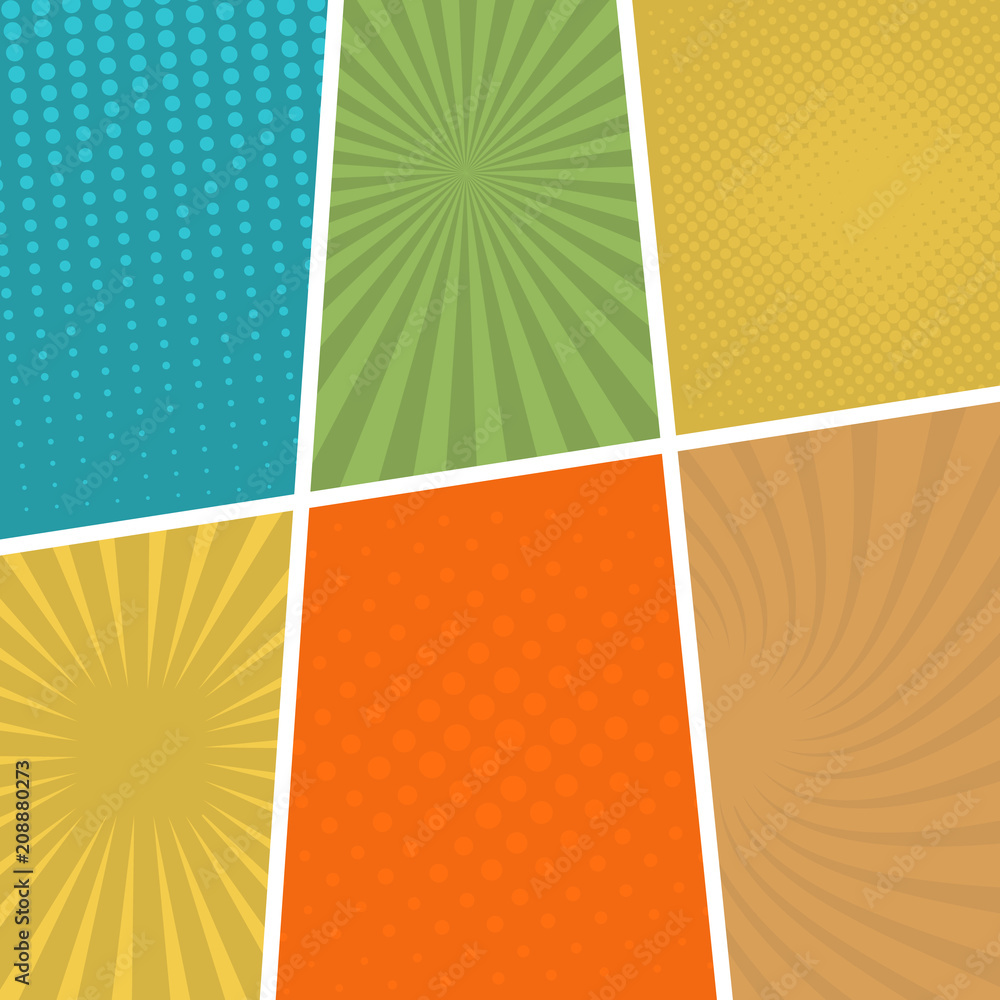 Colorful comic book page background in pop art style. Empty template with rays and dots pattern. Vector illustration
Colorful comic book page background in pop art style. Empty template with rays and dots pattern. Vector illustration