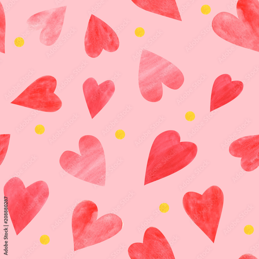 Seamless pattern of hand drawn red hearts and yellow circle on pink background. Seamless pattern of hand drawn red hearts and yellow circle on pink background.