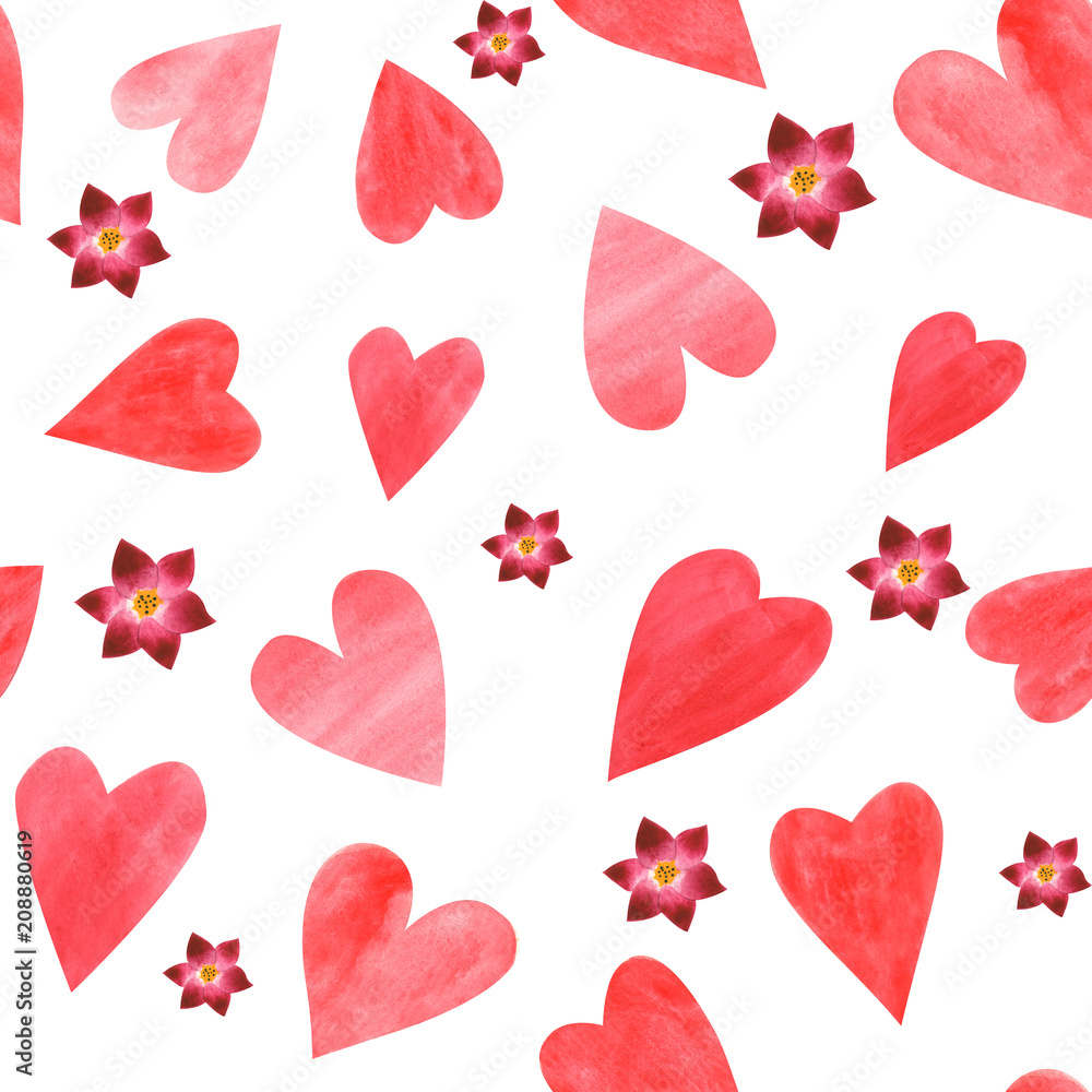 Seamless pattern of hand drawn red hearts and pink flowers on white background. Seamless pattern of hand drawn red hearts and pink flowers on white background.