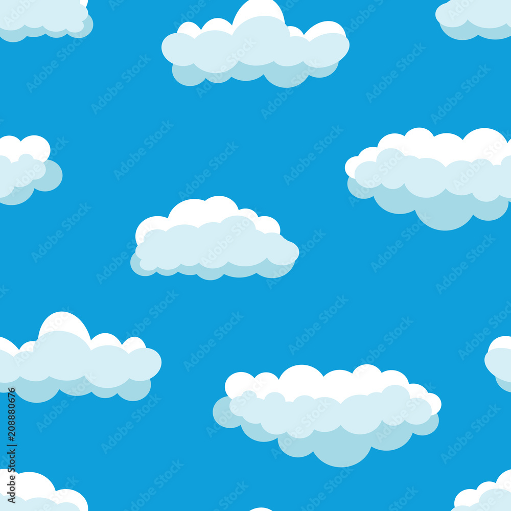 Seamless background with blue sky and white cartoon clouds. Vector illustration.

