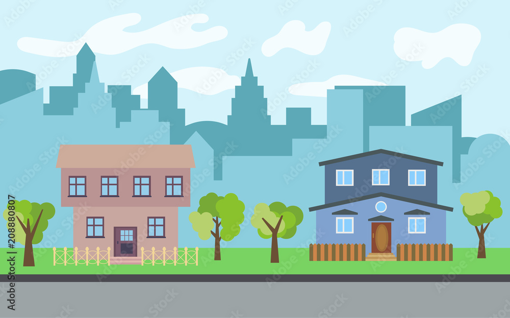 Vector city with two two-story cartoon houses and green trees in the sunny day. Summer urban landscape. Street view with cityscape on a background
