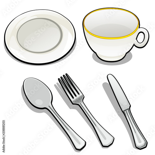Tableware isolated on white background. Mug and saucer of porcelain, tea spoon, fork and butter knife made of metal. Vector illustration.