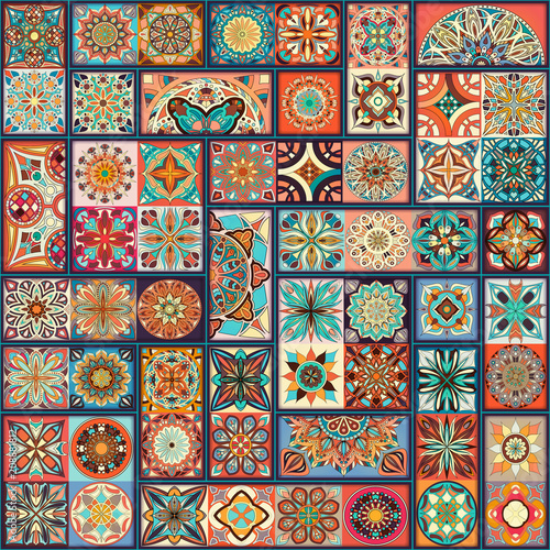 Ethnic floral mandala seamless pattern. Colorful mosaic background. © somber
