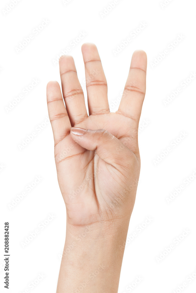 Right hand shown as number Four from front isolated on white background. Right hand shown as number Four from front isolated on white background.