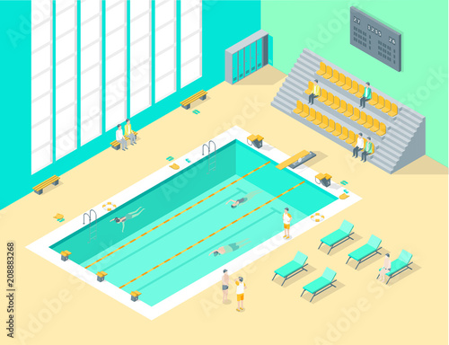 Indoors Swimming Pool Interior with People Isometric View. Vector
