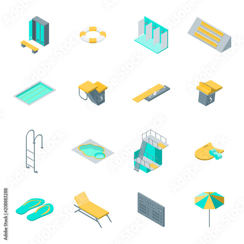 Swimming Pool Elements 3d Icons Set Isometric View. Vector