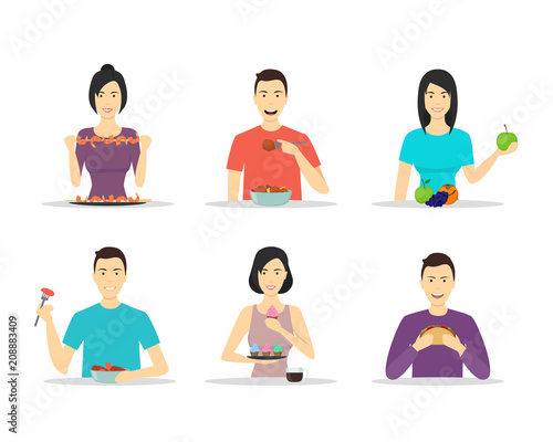 Cartoon Characters People Eating Meals Set. Vector