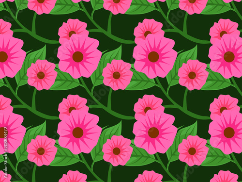 pink flower and leaves with branch seamless pattern with dark background