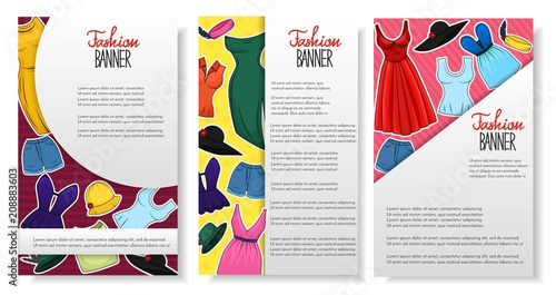 Set of 3 banners with clothing and accesories for women. Boutique, shop advertisement concept. Sketchy style drawing. Template for flyer, magazine, poster,cover, banner,greeting card,invitation
