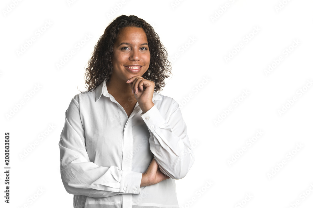 Young pretty black business woman thinking with arms crossed on a white background Young pretty black business woman thinking with arms crossed on a white background