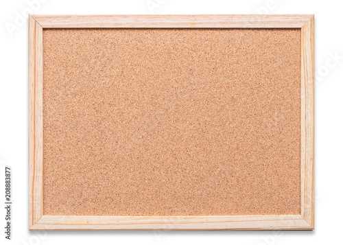 Blank cork board mock up with corkboard texture background with wooden frame hanging on white wood wall (isolated with clipping path) for bulletin mockup, memo or noticeboard announcement photo