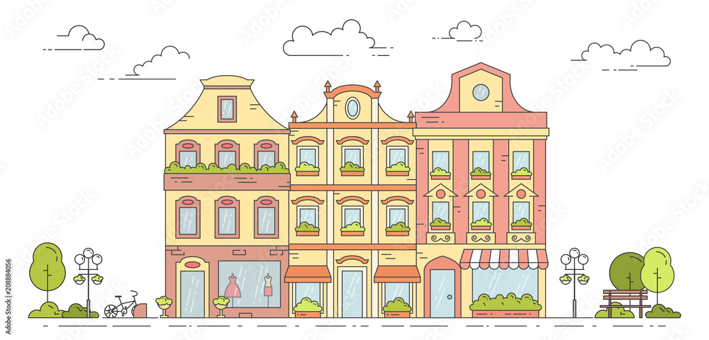 City line landscape with retro houses with apartments, cafe and dress shop isolated on white background.