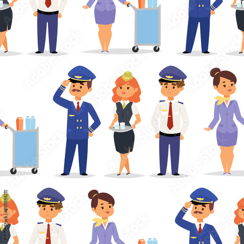 Pilots and stewardess vector illustration airline character plane personnel staff air hostess flight attendants people command seamless pattern background.