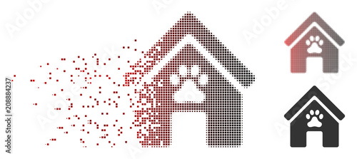 Vector doghouse icon in dissolved, pixelated halftone and undamaged entire variants. Disappearing effect uses rectangle sparks and horizontal gradient from red to black.