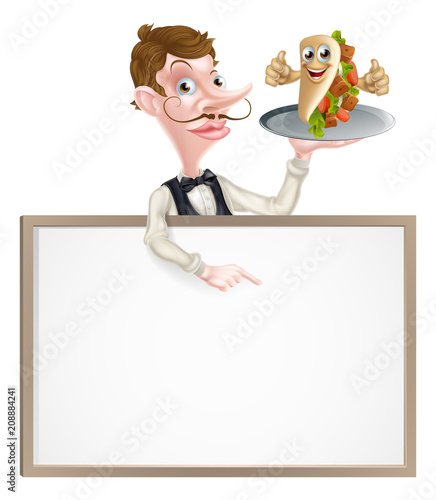 Cartoon Kebab Pita Waiter Sign
