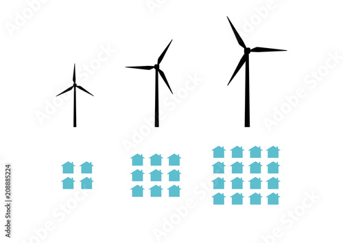Vector image of wind turbines and houses increasing in size and number