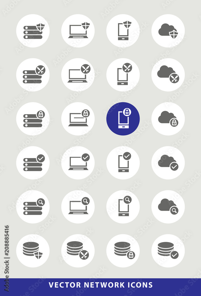 Set of Elegant Universal Black Network Minimalistic Solid Icons on Circular Colored Buttons on Grey Background Set of Elegant Universal Black Network Minimalistic Solid Icons on Circular Colored Buttons on Grey Background