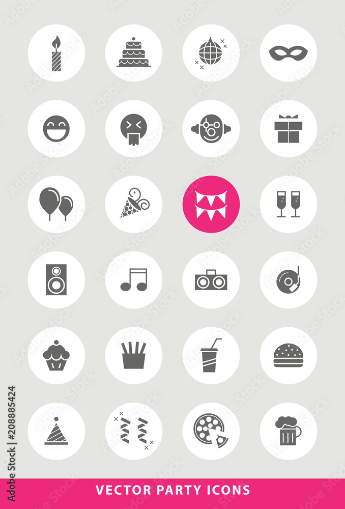 Set of Elegant Universal Black Party Minimalistic Solid Icons on Circular Colored Buttons on Grey Background Set of Elegant Universal Black Party Minimalistic Solid Icons on Circular Colored Buttons on Grey Background