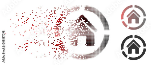 Vector realty diagram icon in dissolved, pixelated halftone and undamaged whole variants. Disappearing effect involves rectangular sparks and horizontal gradient from red to black.