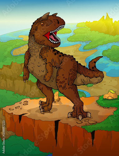 Carnotaur on the landscape background. Vector illustration of a cartoon dinosaur