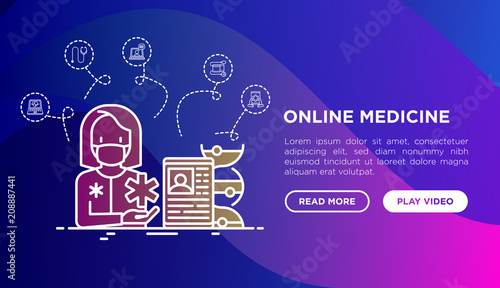 Online medicine concept: doctor consulting by video call. Thin line icons. Modern vector illustration, web page template on gradient background.