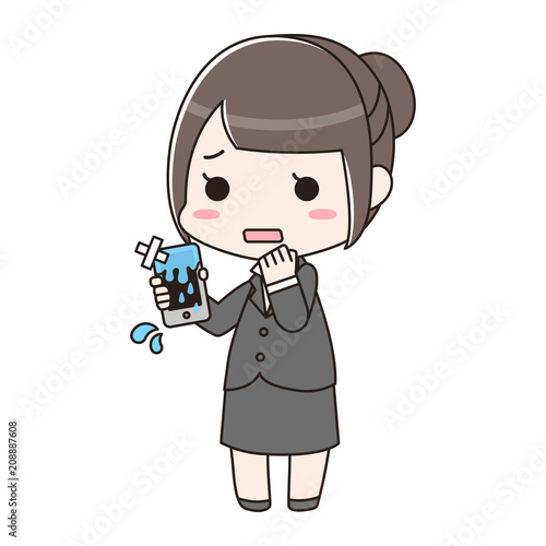 水濡れで壊れたスマホを持つ女性　全身