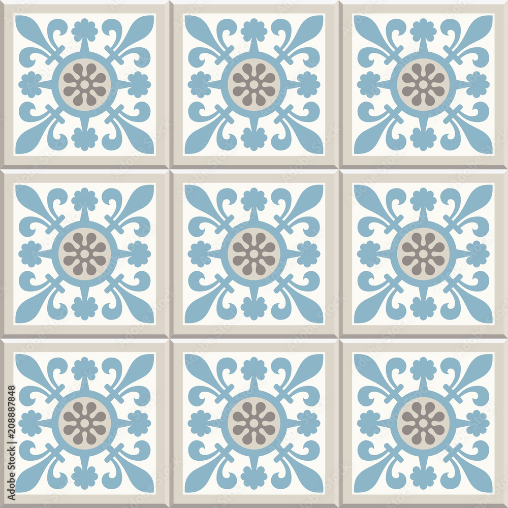 Old floor ceramic tiles. Cross fleury design. Flooring tiling seamless  vector illustration. Victorian English floor tiling design. Portuguese  cement tiles pattern. Grey-blue and golden brown colors Stock Vector |  Adobe Stock