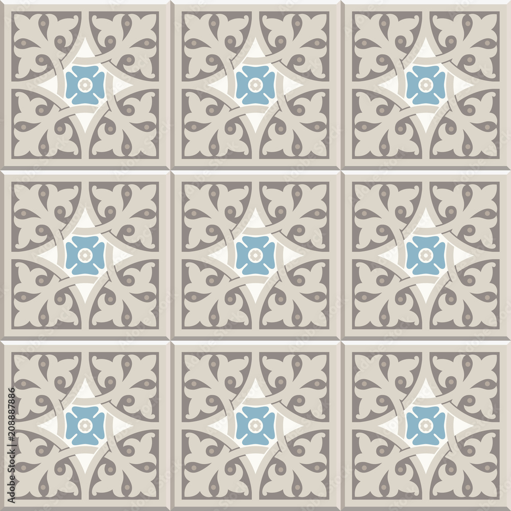 Ancient floor ceramic tiles. Flooring tiling seamless vector background. Vector illustration. Victorian English floor tiling design. Portuguese cement tiles pattern. Grey-blue and golden brown colors Ancient floor ceramic tiles. Flooring tiling seamless vector background. Vector illustration. Victorian English floor tiling design. Portuguese cement tiles pattern. Grey-blue and golden brown colors