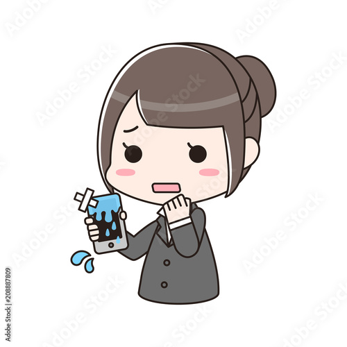 水濡れで壊れたスマホを持つ女性　バストアップ