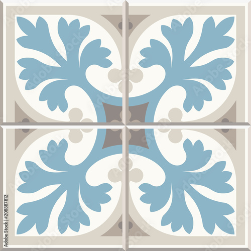 Ancient floor ceramic tiles. Flooring tiling seamless vector background. Vector illustration. Victorian English floor tiling design. Portuguese cement tiles pattern. Grey-blue and golden brown colors