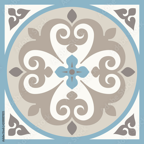 Ancient floor ceramic tiles. Flooring tiling seamless vector background. Vector illustration. Victorian English floor tiling design. Portuguese cement tiles pattern. Grey-blue and golden brown colors
