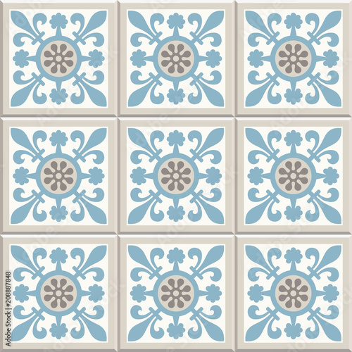 Old floor ceramic tiles. Cross fleury design. Flooring tiling seamless vector  illustration. Victorian English floor tiling design. Portuguese cement tiles pattern. Grey-blue and golden brown colors