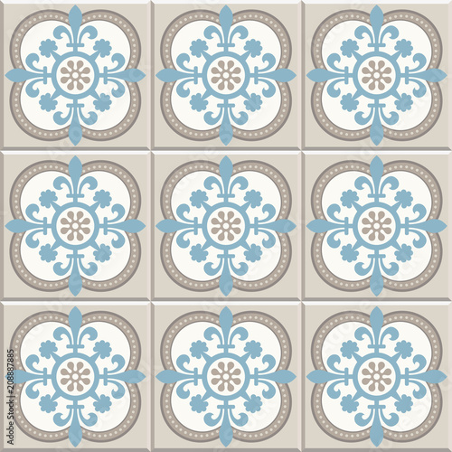 Ancient floor ceramic tiles. Flooring tiling seamless vector background. Vector illustration. Victorian English floor tiling design. Portuguese cement tiles pattern. Grey-blue and golden brown colors