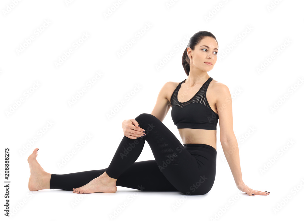 Young woman practicing yoga on white background Young woman practicing yoga on white background