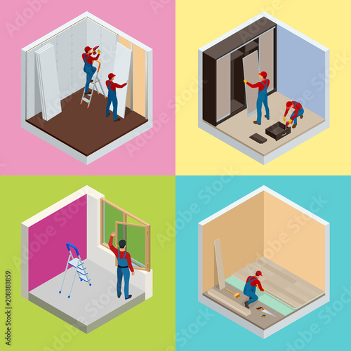 Home repair isometric concept set with workers, tools, equipment isolated on white. Building, construction and home repair tools. Vector flat isometric illustration.