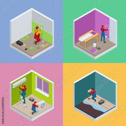 Home repair isometric concept set with workers, tools, equipment isolated on white. Building, construction and home repair tools. Vector flat isometric illustration.