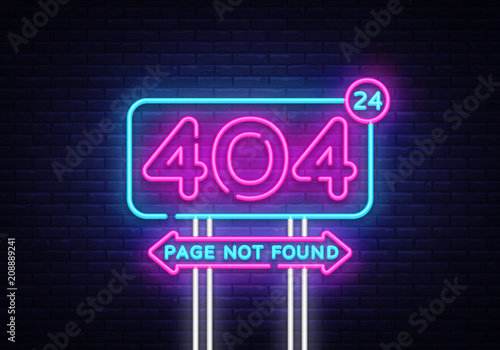 404 page not found vector banner. 404 error design template, neon sign billboard, contemporary design design. Vector illustration