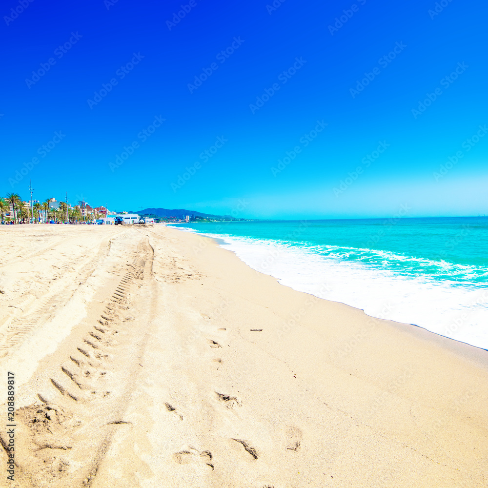 Summer beach wih footprints on a golden sand. Travel holiday background concept. Sea panorama. Summer beach wih footprints on a golden sand. Travel holiday background concept. Sea panorama.