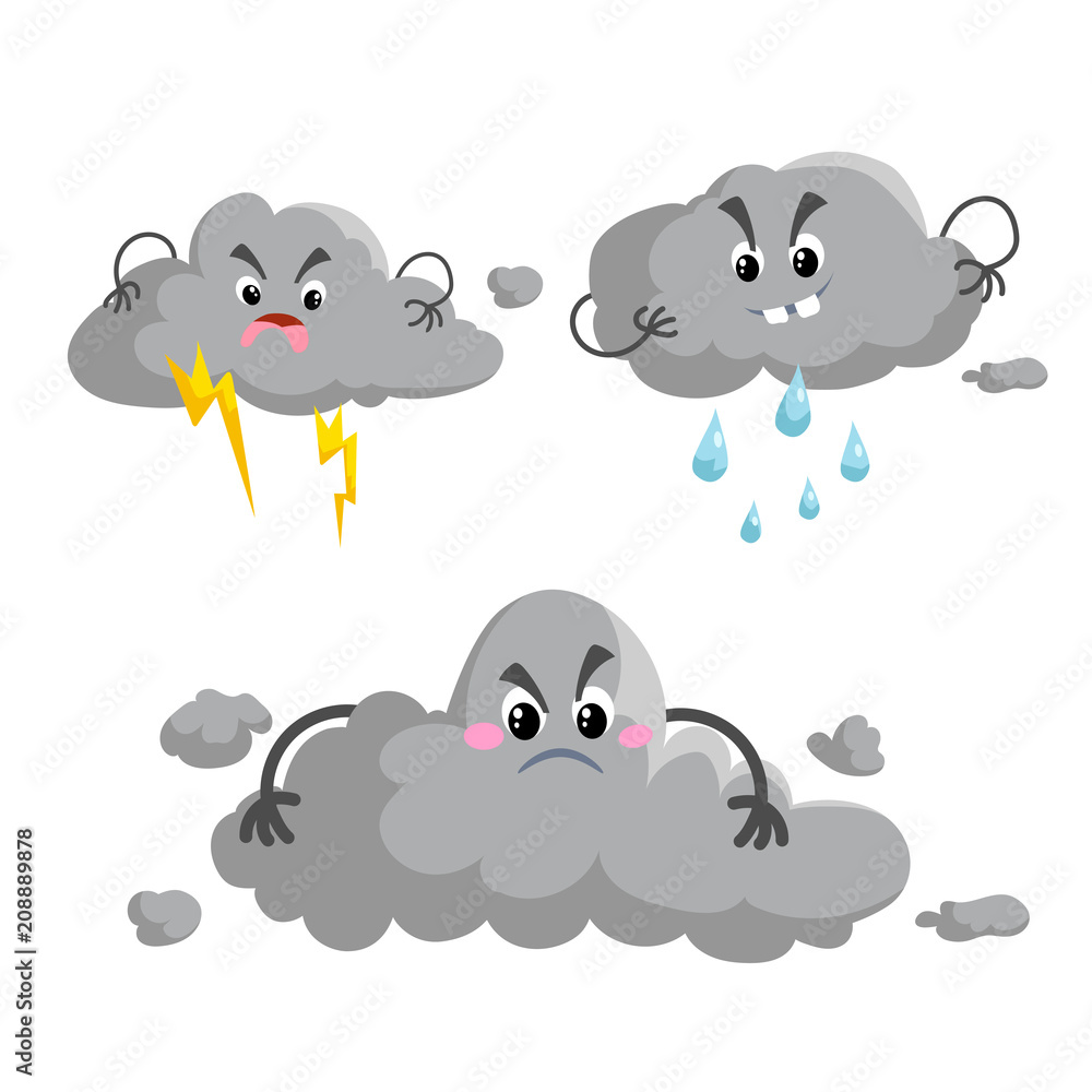 Cartoon overcast storm cloud with thunderstorm mascotsset. Weather rain and storm symbols. Vector illustration icons collection. Stock Vector | Adobe Stock Cartoon overcast storm cloud with thunderstorm mascotsset. Weather rain and storm symbols. Vector illustration icons collection. Stock Vector | Adobe Stock