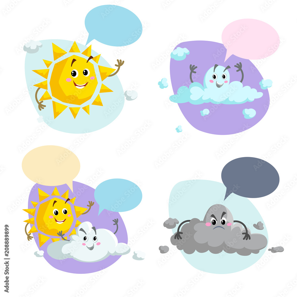 Cartoon weather characters set. Friendly sun, cloud and thunderstorm cloud.  Speech bubbles. Vector climate icons collection. Stock Vector | Adobe Stock